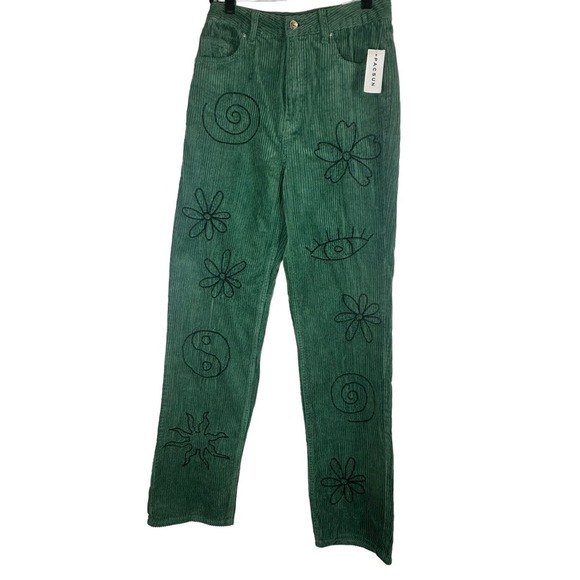 NWT PacSun Green Corduroy Embroidered Boyfriend Jean Doodle Baggy Womens Size 28 - Picture 2 of 16